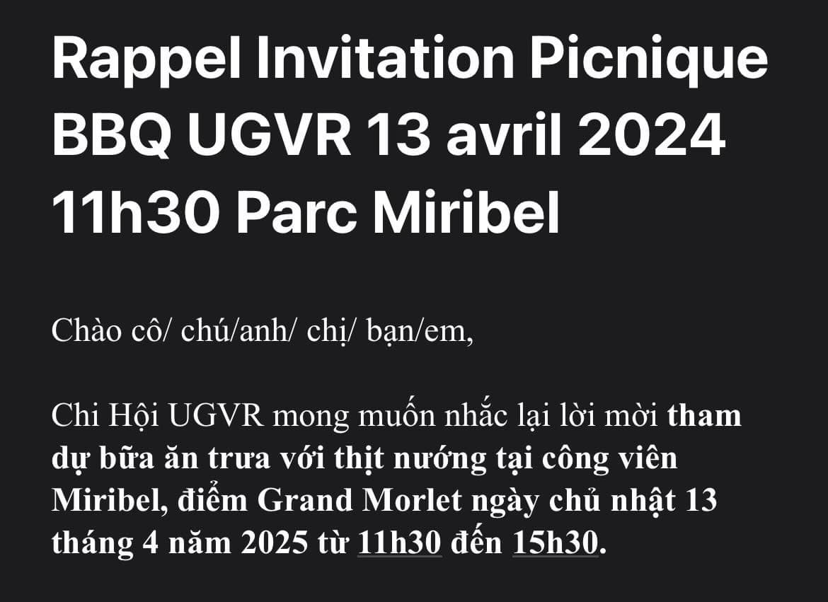 Pique-nique BBQ UGVR dimanche 13-04-2025